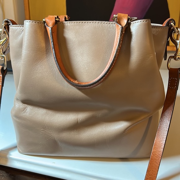 Dooney & Bourke Taupe Leather Crossbody Bag with Cognac Handles, Brass Hardware - Picture 7 of 11